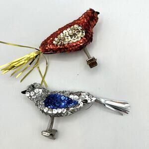 Set 2 Vtg Clip On Sequin Bird Christmas Ornaments Christmas Red Silver Springs